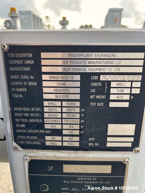 Used Wuxi Chemical Equipment 333 Square Foot Horizontal Shell and Tube Heat Exchanger. Duplex 2205 stainless steel tubes rated 288.3 psi at 32 to 330 degrees F, 16' 7'' Tube length. Carbon steel head...