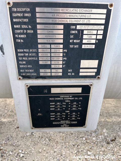 Used Wuxi Chemical Equipment Horizontal 234 Square Foot Shell and Tube Heat Exchanger. Duplex 2205 stainless steel tubes rated 532 psi at 32 to 430 degrees F, 9' Tube length, 130 tube holes. Carbon s...