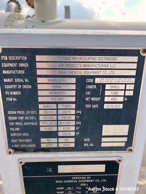 Used Wuxi Chemical Equipment Horizontal 234 Square Foot Shell and Tube Heat Exchanger. Duplex 2205 stainless steel tubes rated 532 psi at 32 to 430 degrees F, 9' Tube length, 130 tube holes. Carbon s...