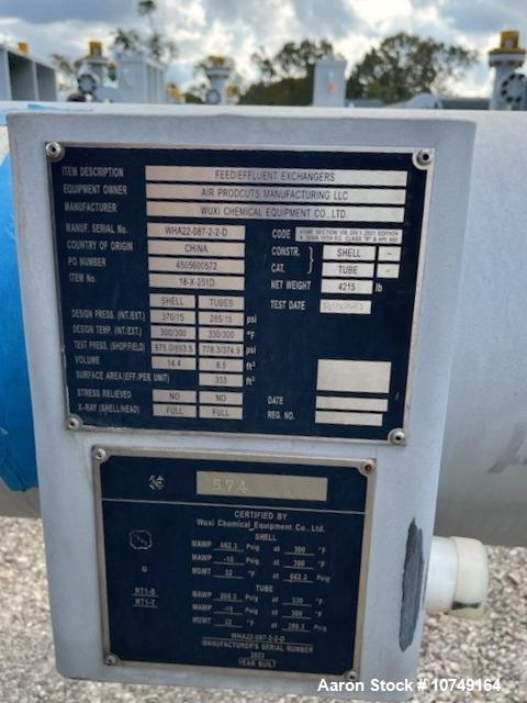 Used Wuxi Chemical Equipment 333 Square Foot Shell and Tube Heat Exchanger, Horizontal. Duplex 2205 stainless steel tubes rated 288.3 psi at 32 to 330 degrees F, 16' 7'' Tube length. 15'' Shell diame...