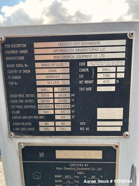 Used Wuxi Chemical Equipment 333 Square Foot Shell and Tube Heat Exchanger, Horizontal. Duplex 2205 stainless steel tubes rated 288.3 psi at 32 to 330 degrees F, 16' 7'' Tube length. 15'' Shell diame...