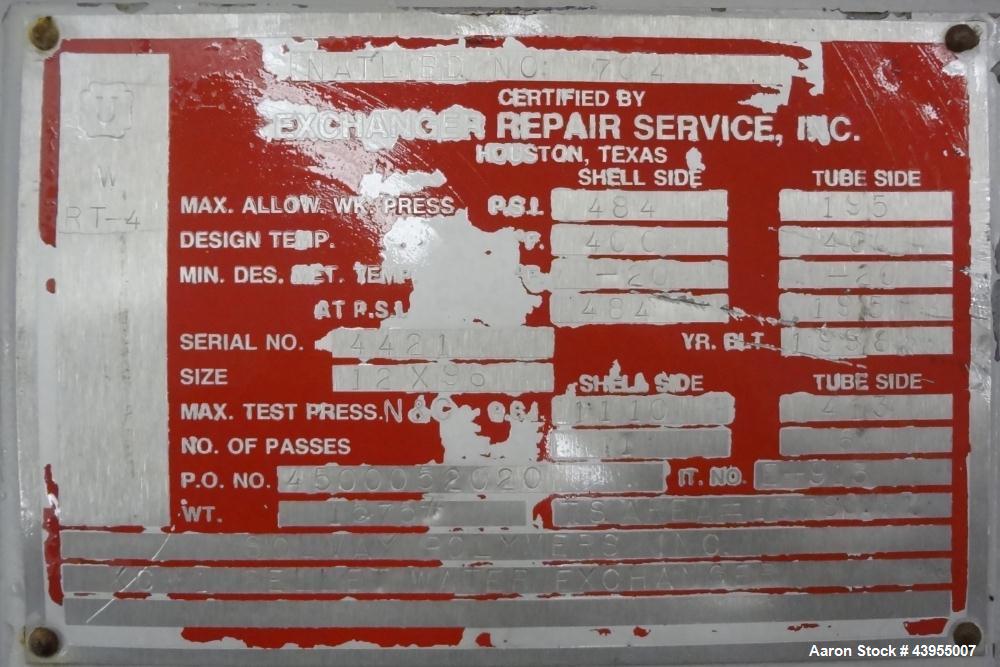 Used Exchanger Repair Service Multiple Pass Shell And Tube Heat Exchanger, 144 Square Feet, Horizontal. Carbon steel shell rated 484 psi at -20 to 400 degrees F. (92) 3/4" Diameter 316 stainless stee...