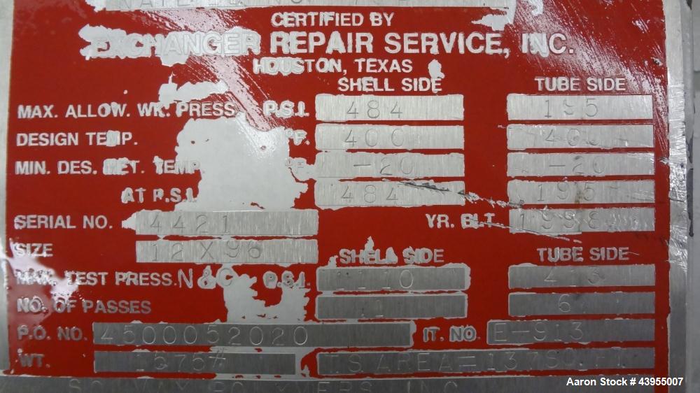 Used Exchanger Repair Service Multiple Pass Shell And Tube Heat Exchanger, 144 Square Feet, Horizontal. Carbon steel shell rated 484 psi at -20 to 400 degrees F. (92) 3/4" Diameter 316 stainless stee...