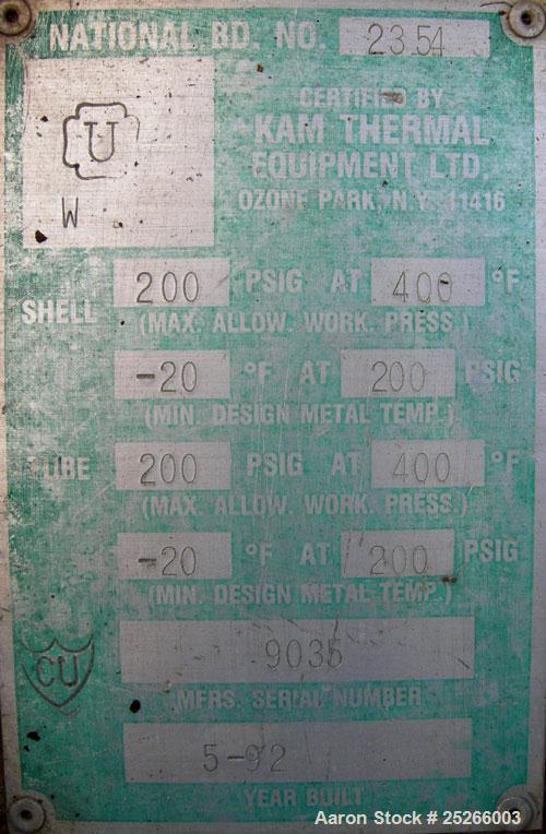 Used KAM Thermal U Tube Heat Exchanger, 101 square feet, horizontal. Carbon steel shell rated 200 psi at 400 deg.f., (52) 3/4" diameter x 10' long 304 stainless steel tubes, and tube sheet rated 200 ...