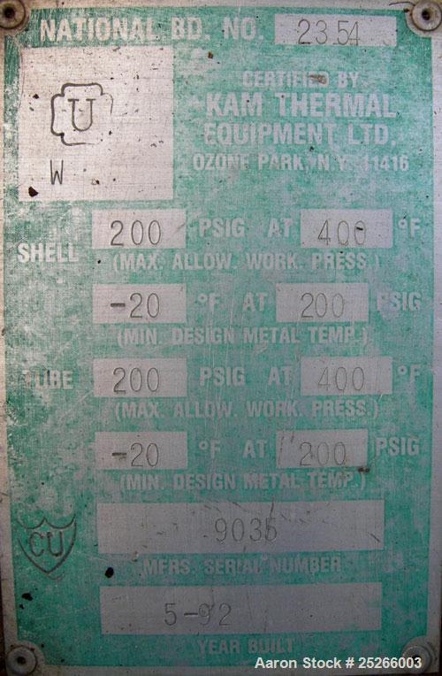 Used- KAM Thermal U Tube Heat Exchanger, 101 square feet, horizontal. Carbon steel shell rated 200 psi at 400 deg.f., (52) 3...