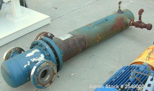 Used ITT Standard 2 Pass U Tube Heat Exchanger, 32 square feet, model 08048, type B-300S, horizontal. Carbon steel shell rated 150 psi at 375 deg.f., (22) 3/4" diameter x 4' long 316 stainless steel ...