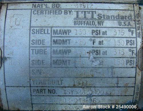 Used ITT Standard 2 Pass U Tube Heat Exchanger, 32 square feet, model 08048, type B-300S, horizontal. Carbon steel shell rated 150 psi at 375 deg.f., (22) 3/4" diameter x 4' long 316 stainless steel ...