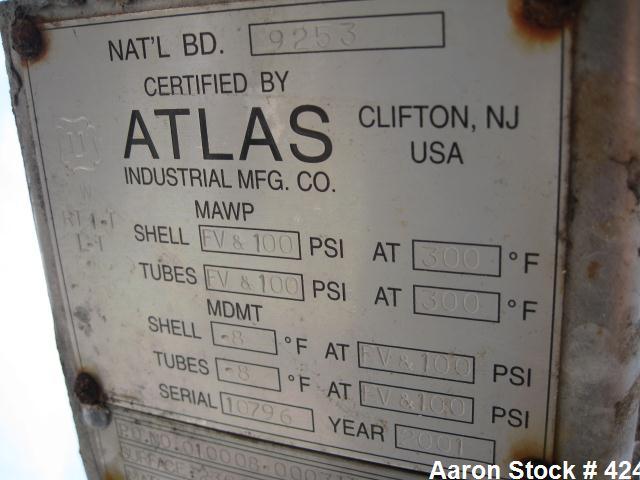 Used Atlas Heat shell and tube exchanger, 237 square feet. 316L stainless steel tubes, tube sheets, shell and bonnets, with (151) .75" x 8' long tubes, rated 100 psi and full vacuum at 300 f tube sid...