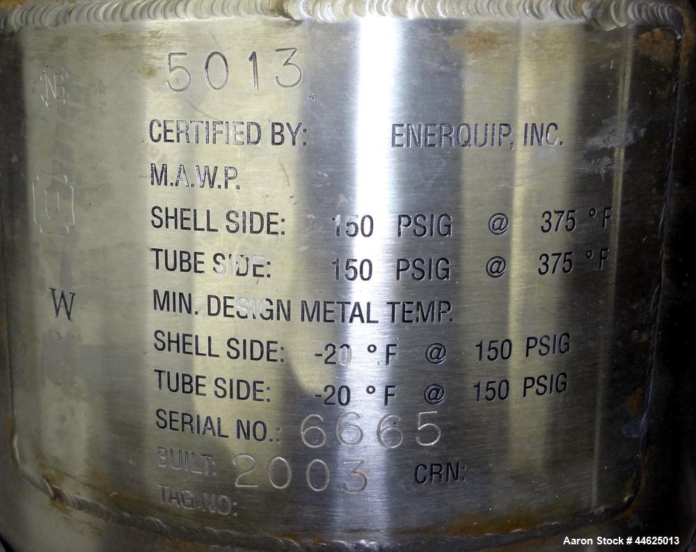 Used Enerquip 8 Pass Shell and Tube Heat Exchanger, approximately 85 square feet, stainless steel, horizontal.  304L Stainless steel shell rated 150 psi at -20 to 375 degrees F.  (160) 3/8" diameter ...