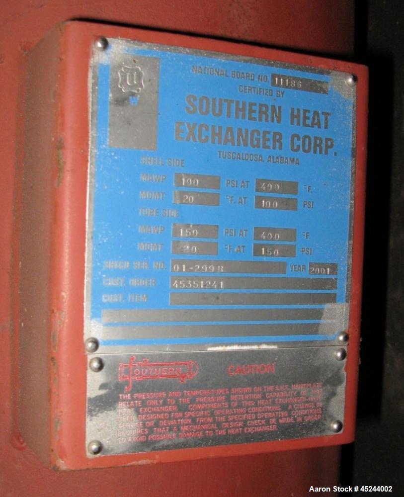 Used Southern Heat Exchanger Vertical mount from side lugs, approximately 475 square feet. Has (249) tubes, 16 BWG, 10' long, T304 stainless steel, tube sheets and heads. Shell is carbon steel 18" di...