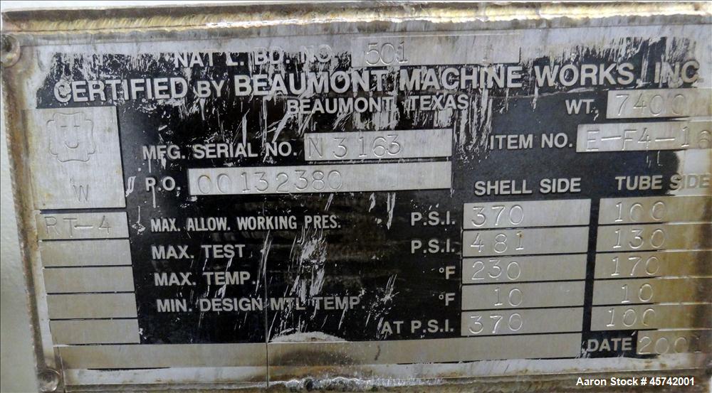 Used Beaumont Machine Works Inc. Shell and Tube Heat Exchanger, Condenser