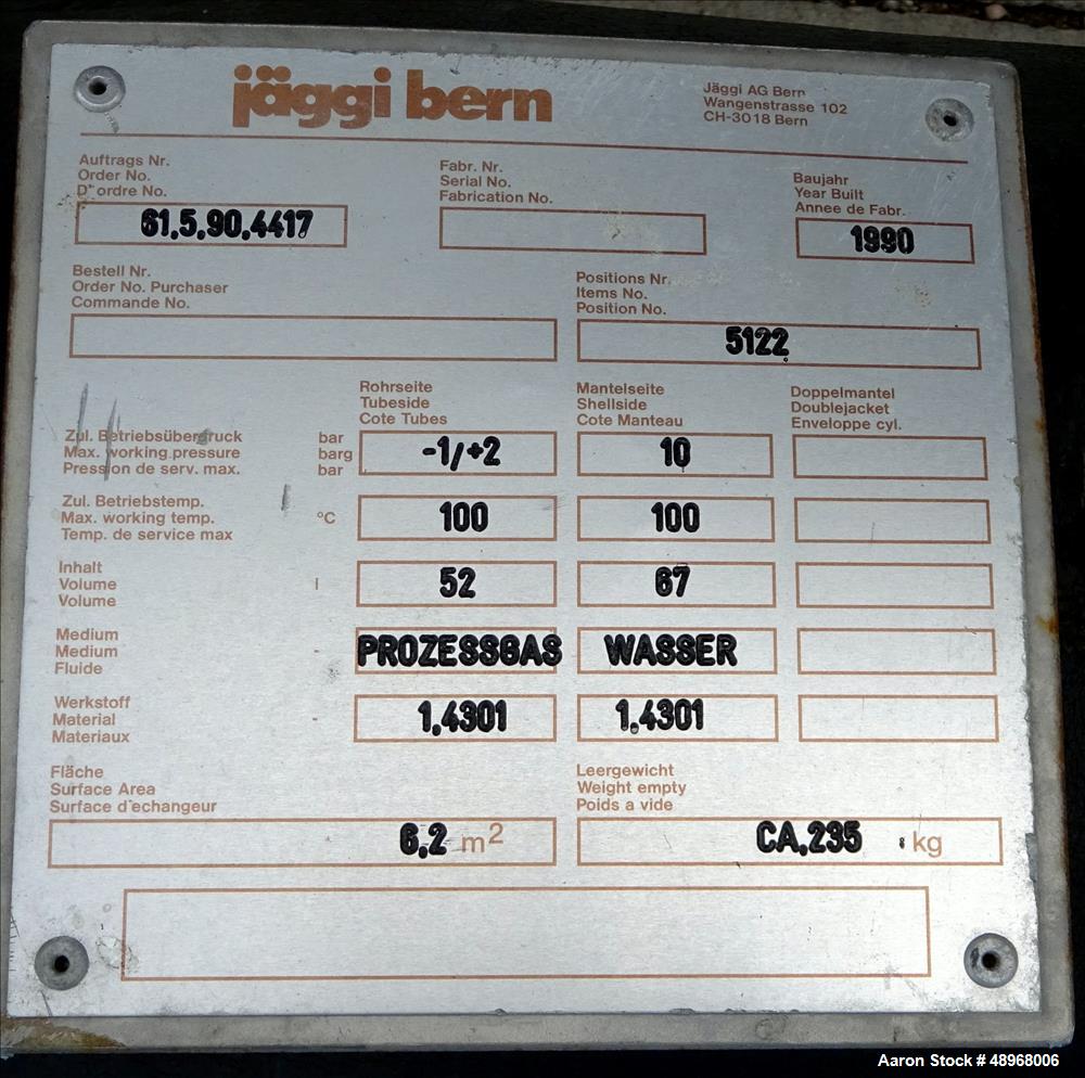 Used Jaggi Bern Shell & Tube Heat Exchanger, Approximately 66 Square Feet (6.2