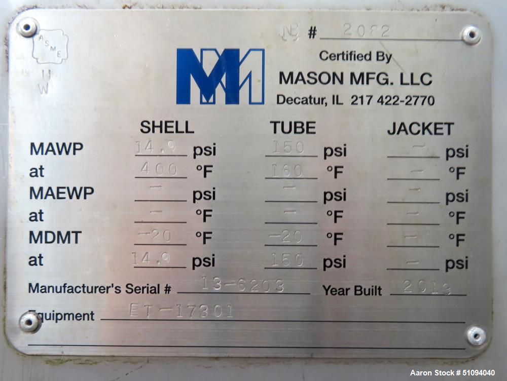 Used- Mason Manufacturing 4 Pass U Tube Shell & Tube Heat Exchanger