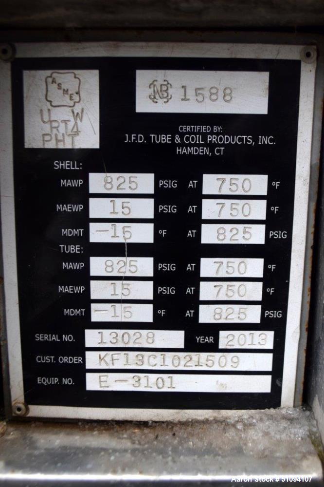 Used J.F.D. Tube & Coil Products 4 Pass U Tube Shell & Tube Heat Exchanger, Approximate 496 Square Feet, Horizontal. Carbon steel shell rated 825 psi at -15 to 750 degrees F., (96) 1" diameter x 20' ...