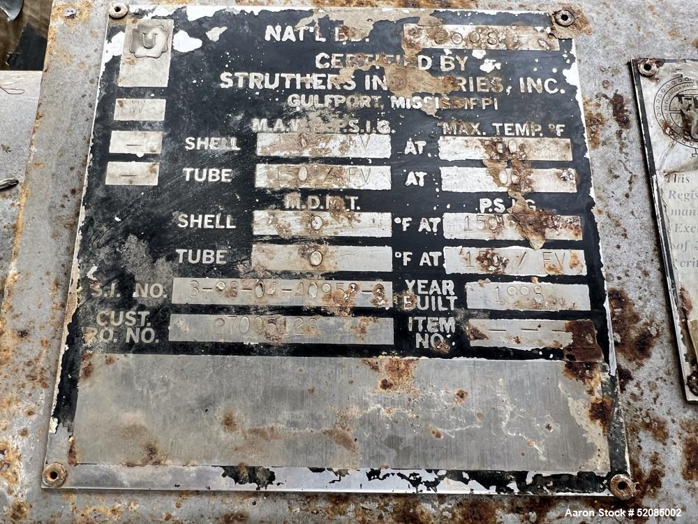 Used Struthers Industries Shell & Tube Heat Exchanger, Approximate 278.9 Square Feet, 316L Stainless Steel, Horizontal. 316L Stainless steel shell rated 150 psi / FV at 0 to 500 degrees F. (120) 316L...