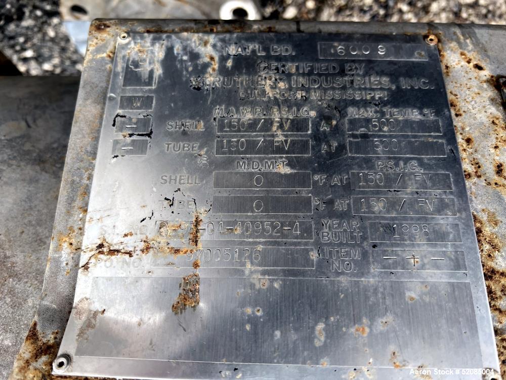 Used Struthers Industries Shell & Tube Heat Exchanger, Approximate 278.9 Square Feet, 316L Stainless Steel, Horizontal. 316L Stainless steel shell rated 150 psi / FV at 0 to 500 degrees F. (120) 316L...