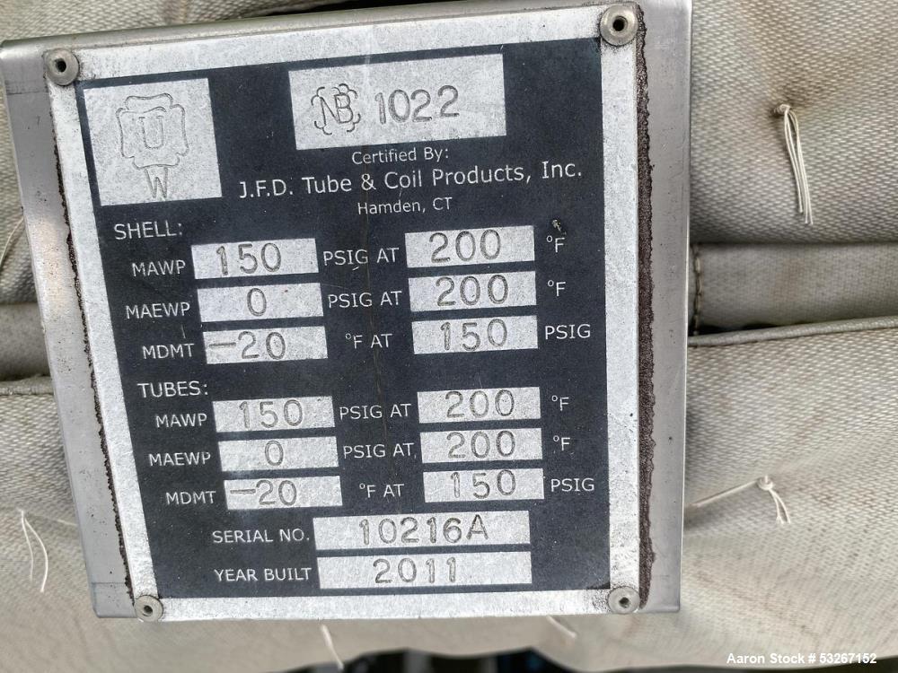 Used JFD Tube & Coil 149.6 Sq. Ft. 304L Stainless Steel Shell & Tube Heat Exchanger – NB Stamped Process Heat Transfer Unit