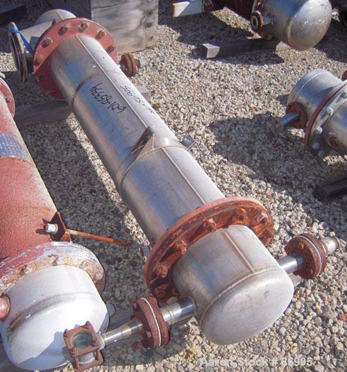 Used Shell And Tube Heat Exchanger, approximately 88 square feet. Stainless steel shell rated 60 psi, (90) 3/4" diameter stainless steel tubes rated 60 psi. Canadian stamped.