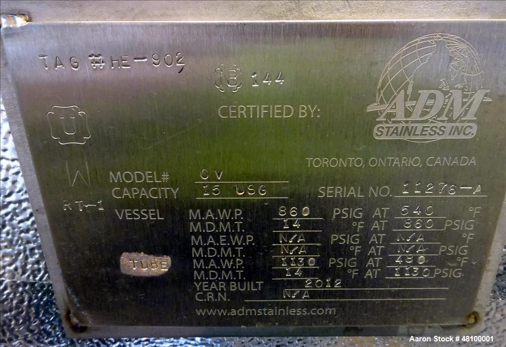 Used ADM Stainless Inc. Heat Exchanger, Model CV.