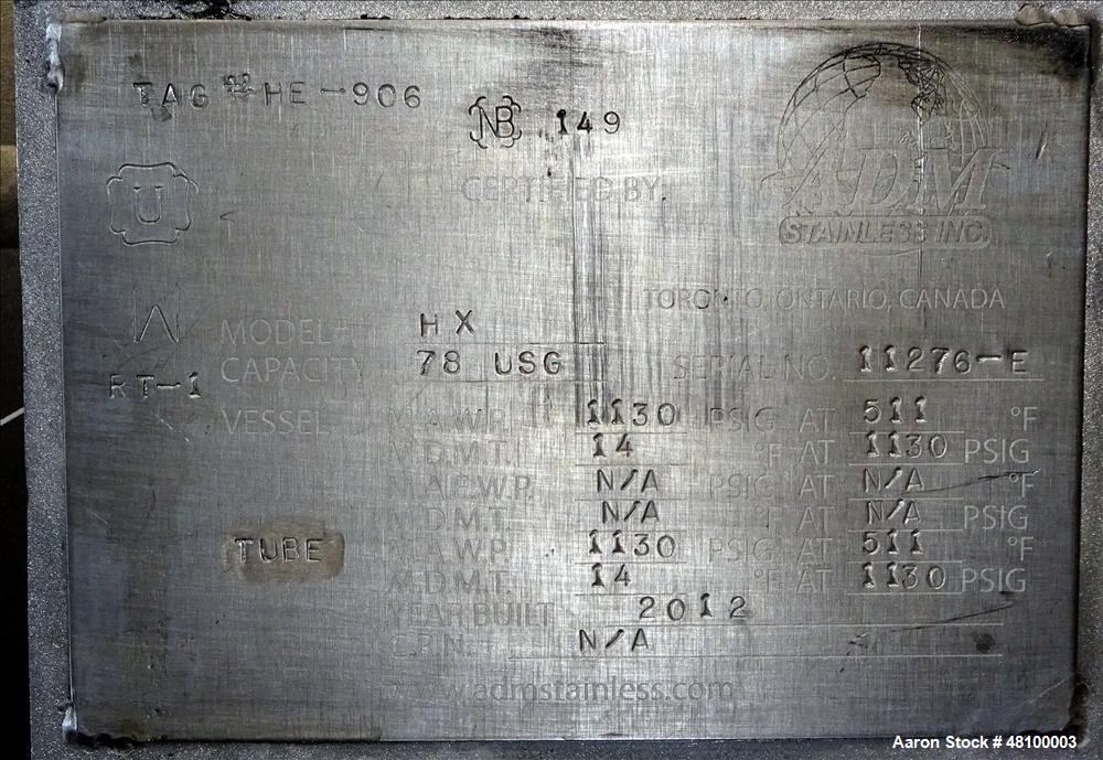Used ADM Stainless Inc. Heat Exchanger, Model HX.