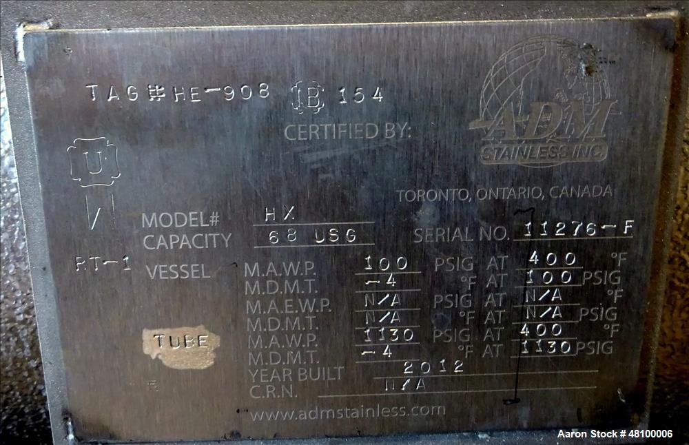 Used ADM Stainless Inc. Heat Exchanger, Model HX.