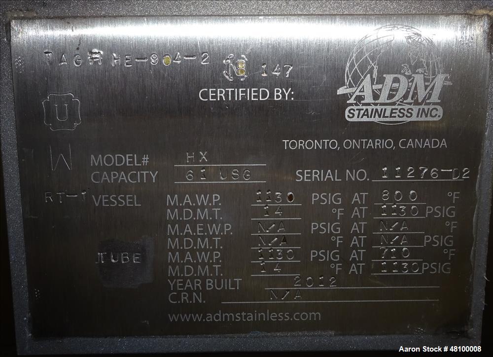 Used ADM Stainless Inc. Heat Exchanger, Model HX.