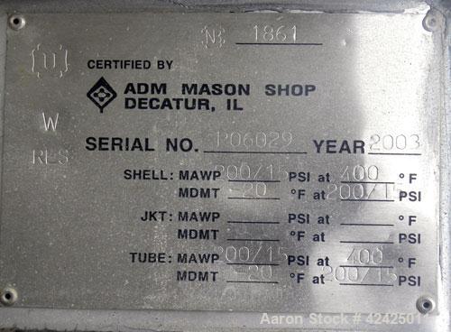 Used ADM Mason Shop Single Pass Shell & Tube Heat Exchanger, 65.8 Square Feet, Vertical. 316 Stainless steel shell rated 200/-15 psi at -20 to 400 deg F. (42) 3/4" Diameter x 96'’ long 316 stainless ...