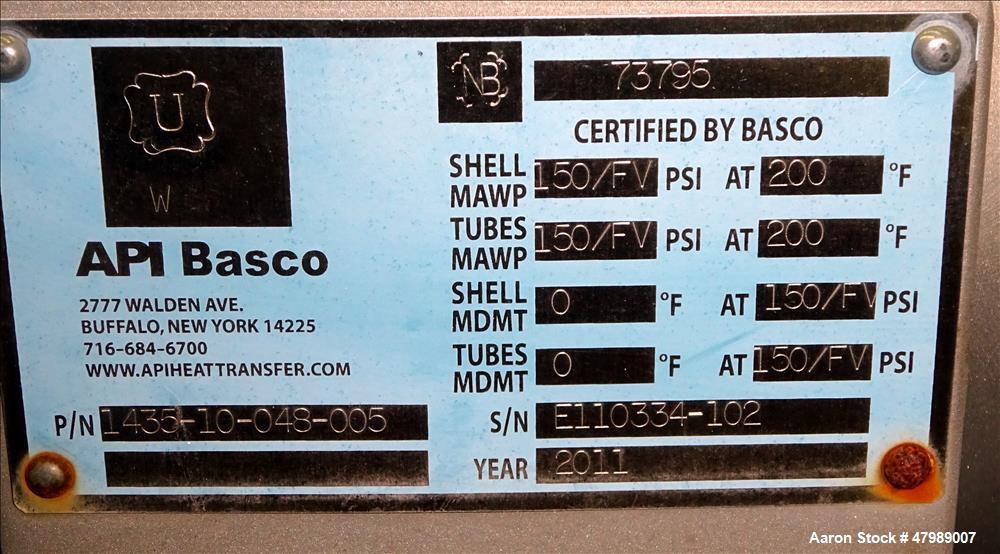 Used- API Basco Shell & Tube Heat Exchanger, Approximate 62 Square Feet, Horizon