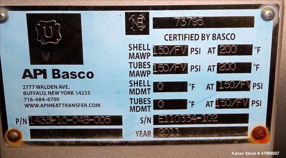 Used API Basco Shell & Tube Heat Exchanger, Approximate 62 Square Feet, Horizon