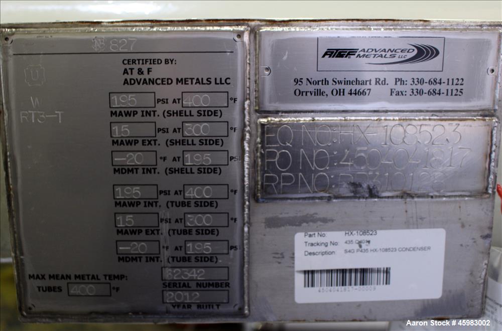 Unused- AT&F Advanced Metals Single Pass Shell and Tube Heat Exchanger