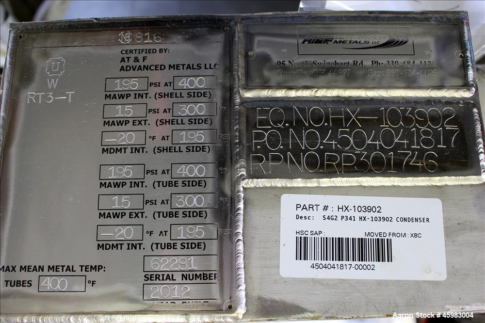 Unused- AT&F Advanced Metals Single Pass Shell and Tube Heat Exchanger, 76.2 Square Feet, Horizontal. Carbon steel shell rated 195 psi at -20 to 400 degrees F. (67) 3/4" Diameter x 72" long 2205 stai...