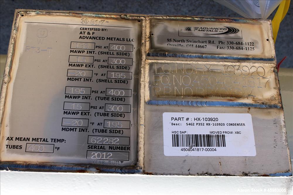 Unused- AT&F Advanced Metals Single Pass Shell and Tube Heat Exchanger, 76.2 Square Feet, Horizontal. Carbon steel shell rated 195 psi at -20 to 400 degrees F. (67) 3/4" Diameter x 72" long 2205 stai...