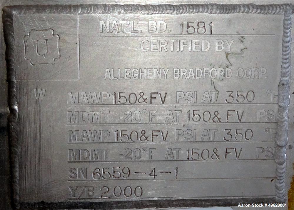 Used Allegheny Bradford 4 Pass Sanitary U Tube Heat Exchanger, Approximately 195 Square Feet, Size BEU/10-97, Horizontal. 304L Stainless steel shell rated 150 psi & Full Vacuum at -20 to 350 degrees ...