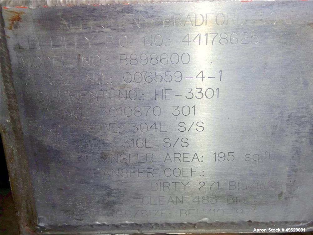 Used Allegheny Bradford 4 Pass Sanitary U Tube Heat Exchanger, Approximately 195 Square Feet, Size BEU/10-97, Horizontal. 304L Stainless steel shell rated 150 psi & Full Vacuum at -20 to 350 degrees ...