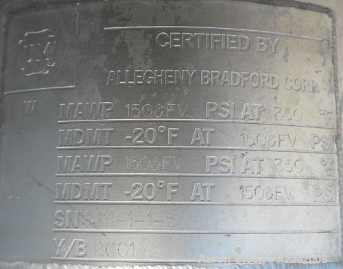 Used Allegheny Bradford U Tube Heat Exchanger, Approximately 6 Square Feet, Vertical. 304L Stainless steel shell rated 150 psi and Full Vacuum at –20 to 350 Degrees F, (13) 1/2’’ diameter x 2’ long 3...