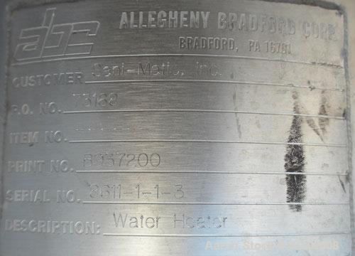 Used Allegheny Bradford U Tube Heat Exchanger, Approximately 6 Square Feet, Vertical. 304L Stainless steel shell rated 150 psi and Full Vacuum at –20 to 350 Degrees F, (13) 1/2’’ diameter x 2’ long 3...