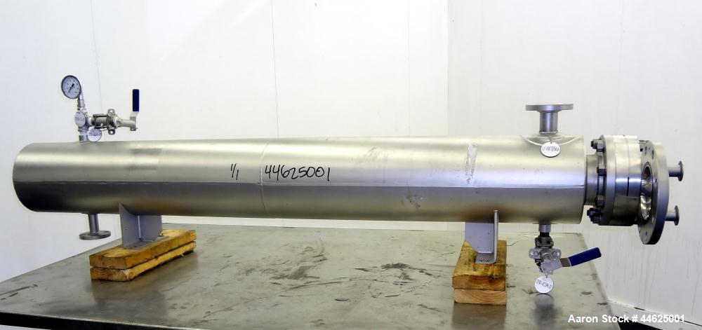 Used Allegheny Bradford U Tube Heat Exchanger, approximately 35 square feet, horizontal. 304 Stainless steel shell rated 150 psi at 20 to 350 degrees F, (50) 3/8" diameter x 72" long 316 stainless st...