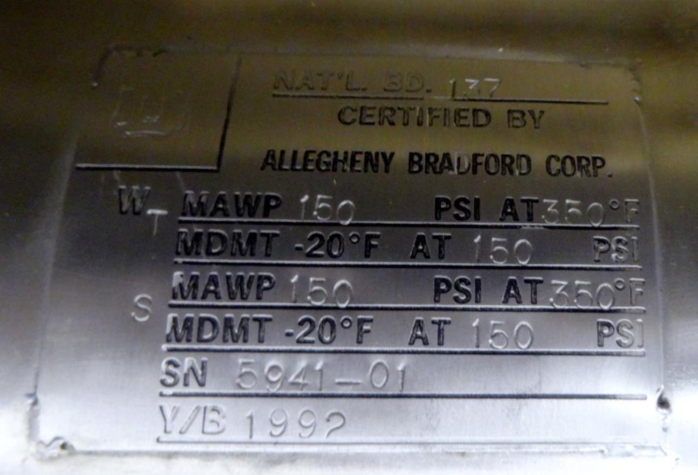 Used Allegheny Bradford U Tube Heat Exchanger, Horizontal, Approximately 160 Square Feet. 304 Stainless steel shell rated 150 psi at 20 to 350 degrees F. (94) 1/2" Diameter x approximately 78" long 3...