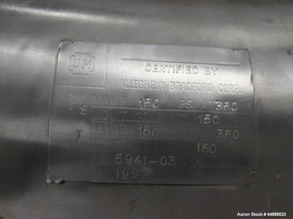 Used Allegheny Bradford U Tube Heat Exchanger, Horizontal, Approximately 49 Square Feet. 304 Stainless steel shell rated 150 psi at 20 to 350 degrees F. (94) 1/2" Diameter x approximately 24" long 31...