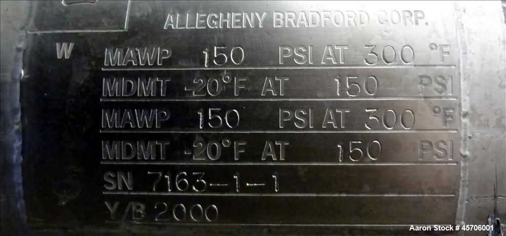 Used Allegheny Bradford Shell & Tube Heat Exchanger, Appropximate 52 Square Feet. 316 Stainless steel shell rated 150 psi at -20 to 300 degrees F. (32) 5/8" Diameter x 9' long stainless steel tubes r...