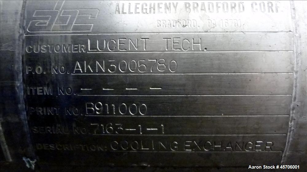 Used Allegheny Bradford Shell & Tube Heat Exchanger, Appropximate 52 Square Feet. 316 Stainless steel shell rated 150 psi at -20 to 300 degrees F. (32) 5/8" Diameter x 9' long stainless steel tubes r...