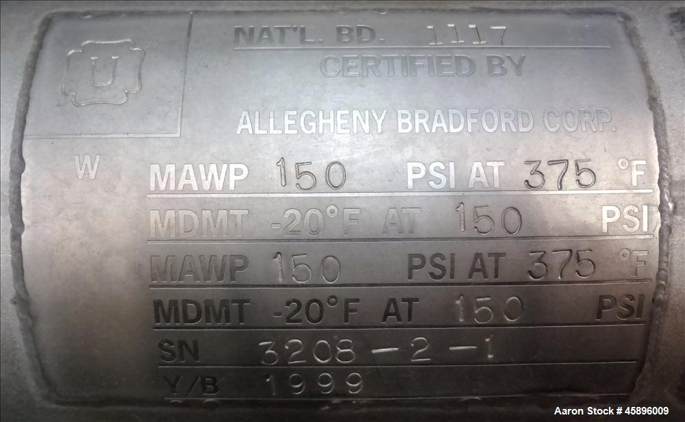 Used Allegheny Bradford U Tube Heat Exchanger, Approximately 6 Square Feet, Horizontal. 304L Stainless steel shell rated -20 to 150 psi at 375 degrees F. (8) 1/2" Diameter x 36" long 316L stainless s...