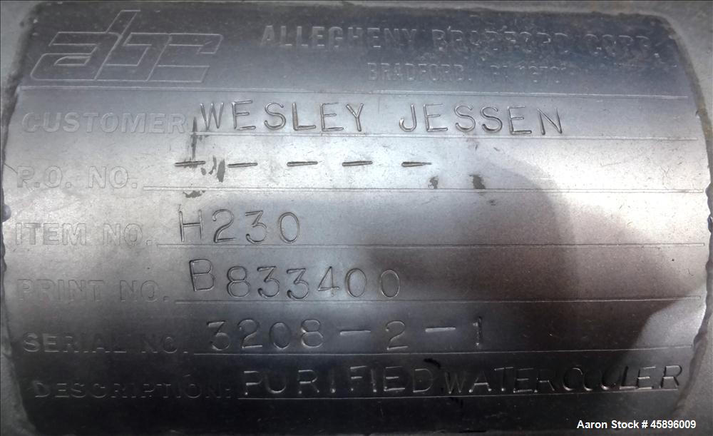 Used Allegheny Bradford U Tube Heat Exchanger, Approximately 6 Square Feet, Horizontal. 304L Stainless steel shell rated -20 to 150 psi at 375 degrees F. (8) 1/2" Diameter x 36" long 316L stainless s...