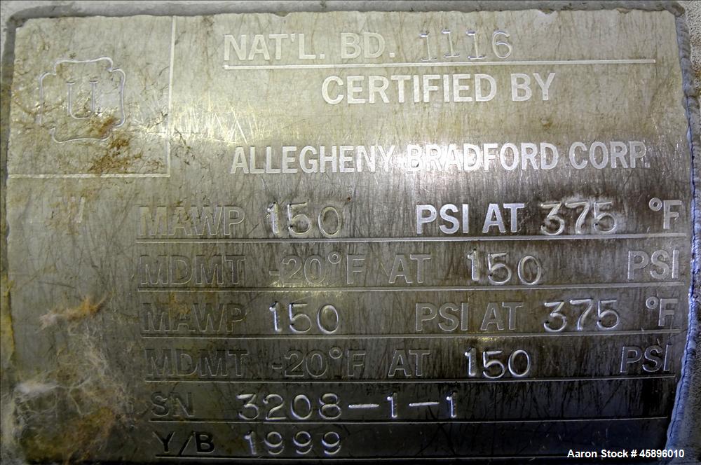 Used Allegheny Bradford 6 Pass U Tube Heat Exchanger, Approximately 35 Square Feet, Horizontal. 304L Stainless steel shell rated -20 to 150 psi at 375 degrees F. (30) 1/2" Diameter x 52" long 316L st...