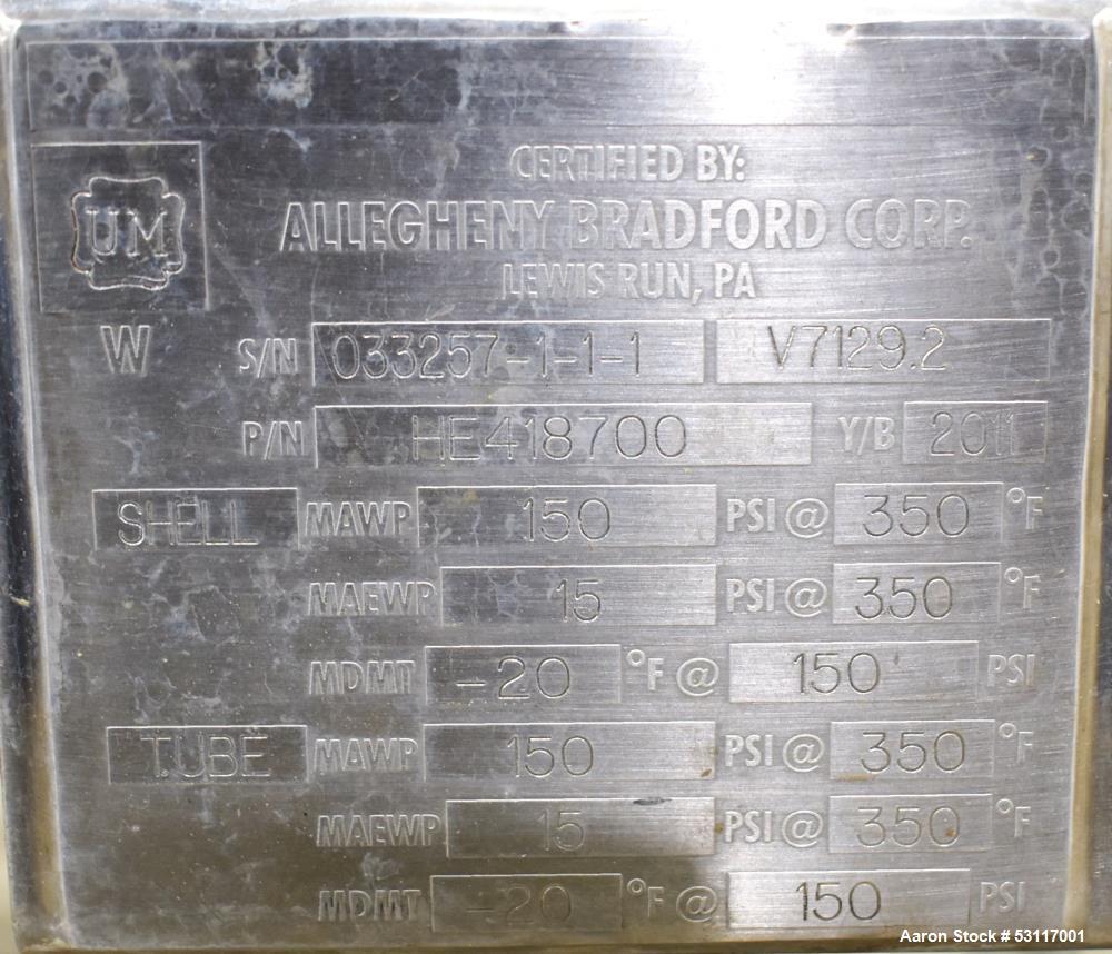 Usado- Intercambiador de calor de carcasa y tubos Allegheny Bradford, acero inoxidable, horizontal. Aproximadamente 41 pies ...