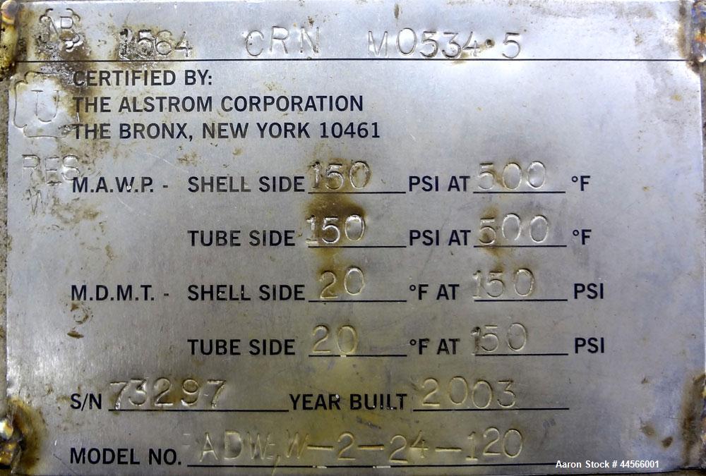 Used Alstrom Corp U Tube Heat Exchanger, 900 Square Feet, Model ADW, W-2-24-120, Horizontal. (230) 3/4" Diameter x 120" long 316L stainless steel tubes and 316 stainless steel shell, each side rated ...