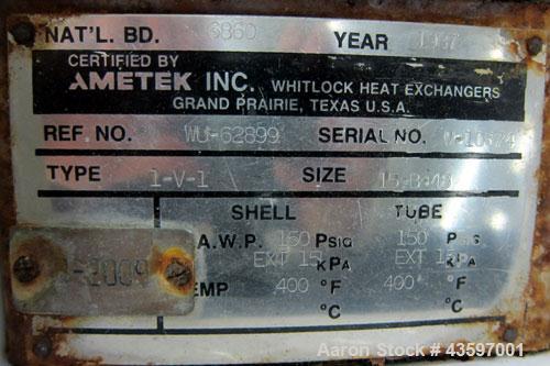 Used Ametek Single Pass Shell & Tube Heat Exchanger, 152 Square Feet, Vertical. Size 15-B-48, Type 1-V-1. Carbon steel shell rated 150 psi at 400 degrees F, (195) 3/4” diameter x 48” long 316L stainl...