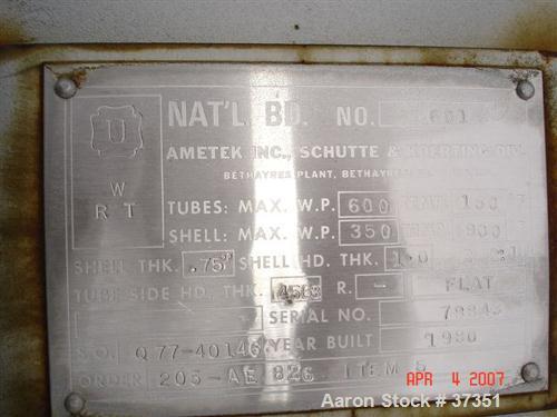 Unused- Ametek Inc, Schuette Koerting Inc heat exchanger, 660 square feet, U-tube. Carbon steel shell, heads. 304 stainless steel tubes and tube sheet. 290 U-tubes x 3/4" diameter x 116" long rated 6...