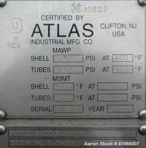 Unused- Atlas Industrial Single Pass Shell and Tube Heat Exchanger, 355 square feet, horizontal, type BEM 16-120. Carbon steel shell rated FV/150 psi at -20 to 400 deg F. (184) 3/4" diameter x 10’ lo...
