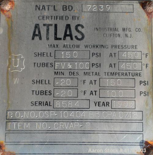 Used Atlas Industrial Shell and Tube Heat Exchanger, 686 square feet, horizontal. Tema type BEM 21-120. Carbon steel shell rated 150 psi at 450 deg F and –20 deg F at 150 psi. (350) 3/4" diameter x 1...